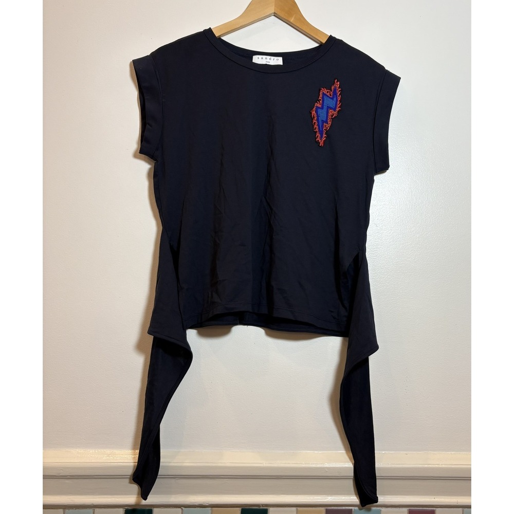 Sandro Paris Lightning Bolt Patch Tie Side Tee Navy Cap Sleeve Top Muscle Sz 2 M